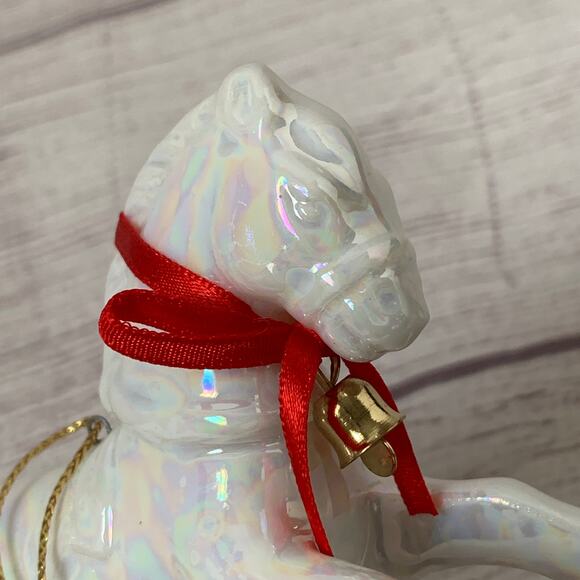 White Iridescent Rocking Horse Ornament with Red Bow and Bell 3 1/4" Tall - Picture 15 of 16